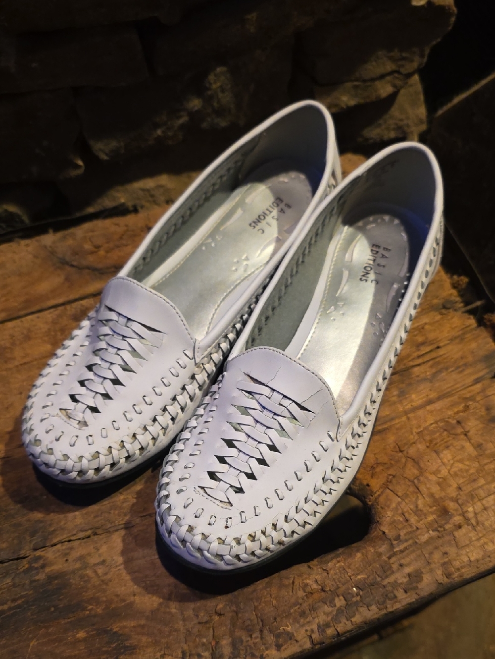 Basic Editions White Woven Leather Slip-On Flats